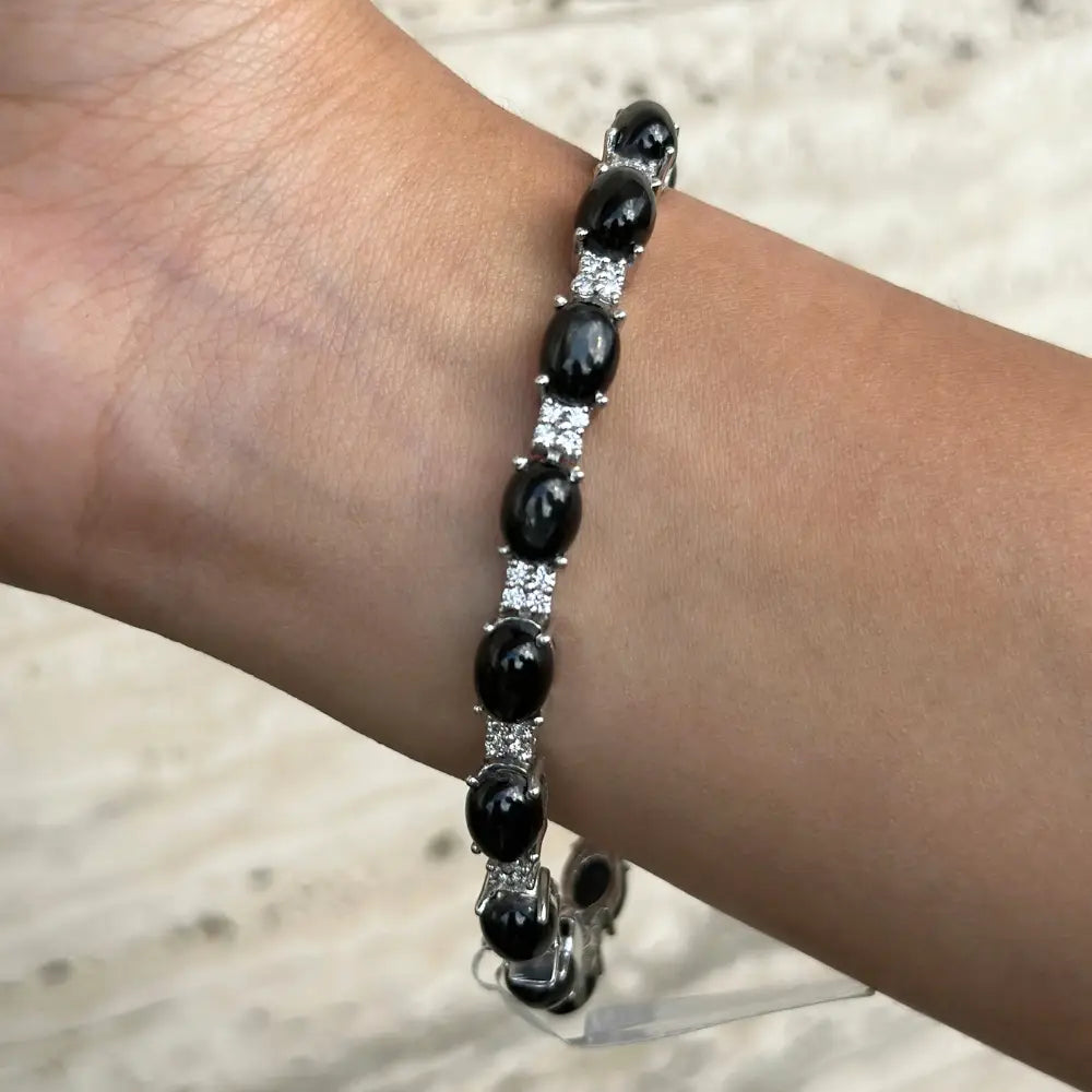 Oval Cut Black Star & Round American Diamond Stackable Tennis Bracelet Custom Gemstone Jewelry