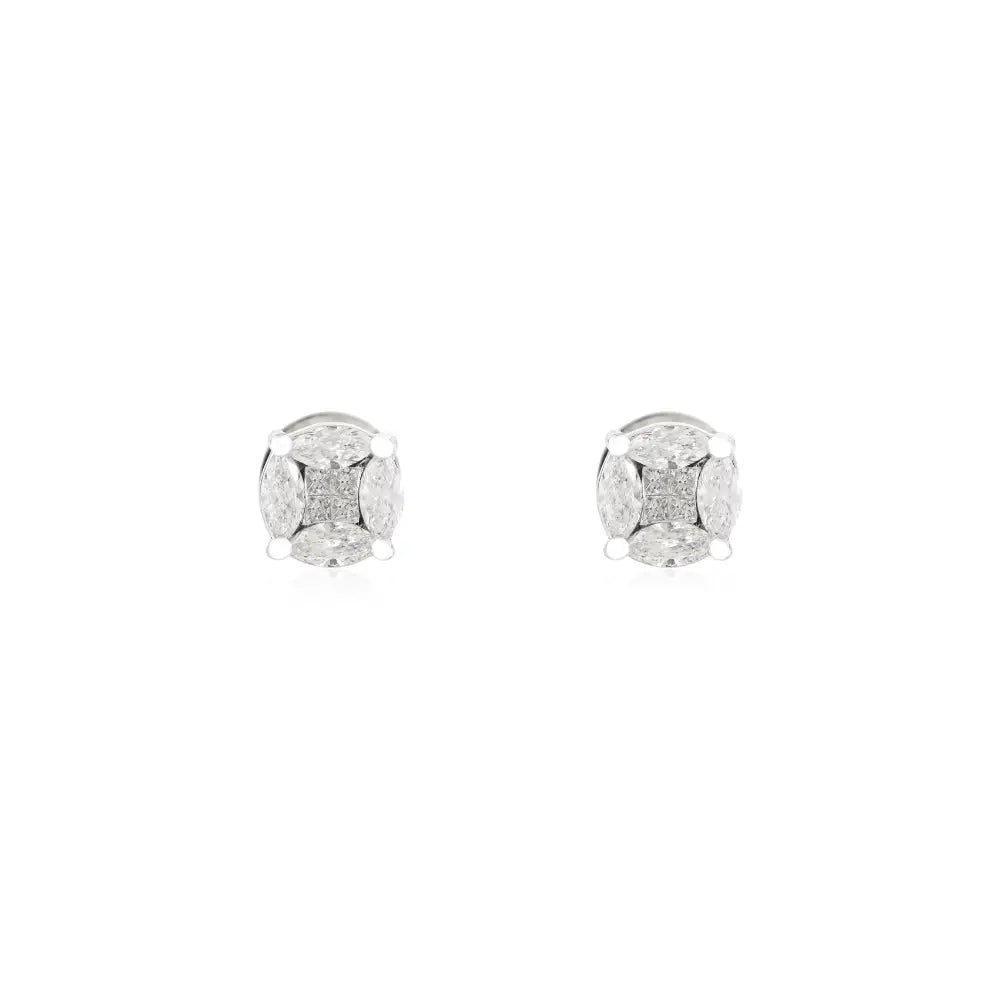 Marquise & Princess Cut Natural Diamond Solid 18K White Gold Round Stud Earrings For Women