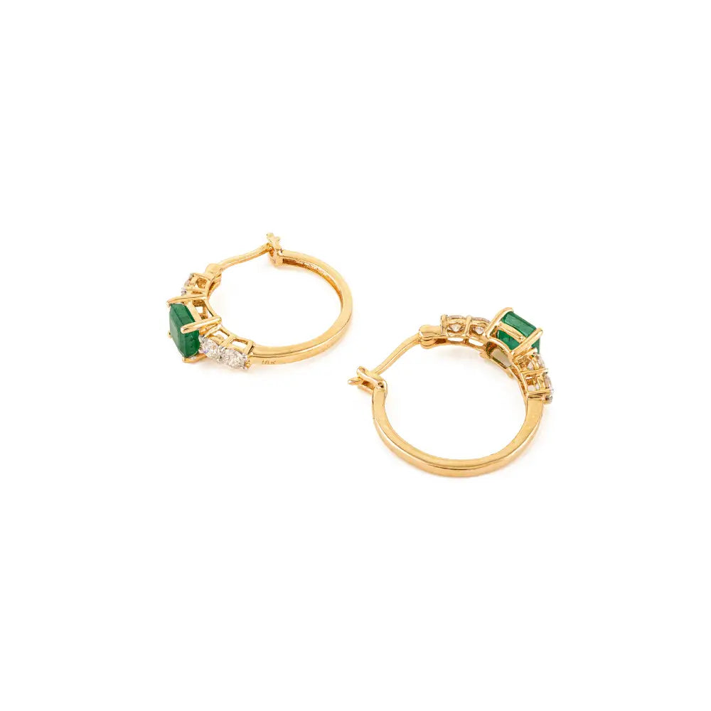 Square Emerald & Round Cut Diamond 18K Solid Gold Fine Hoop Earrings High Quality Jewelry