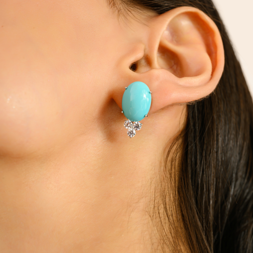 Bulk Order 100% Authentic Turquoise & American Diamond Stud Earrings 925 Sterling Silver Jewelry