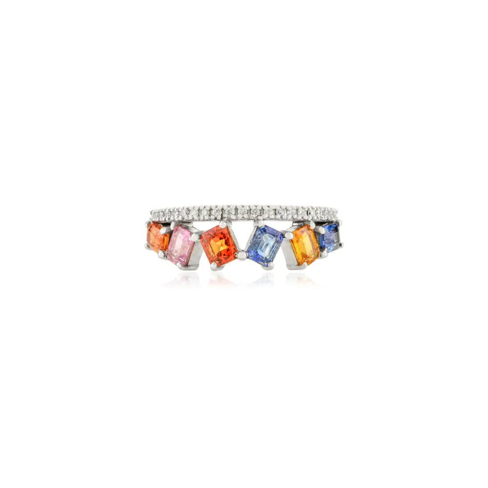 Square Shape Multi Sapphire & Round Cut Diamond Crown Ring Real White Gold 14K Jewelry