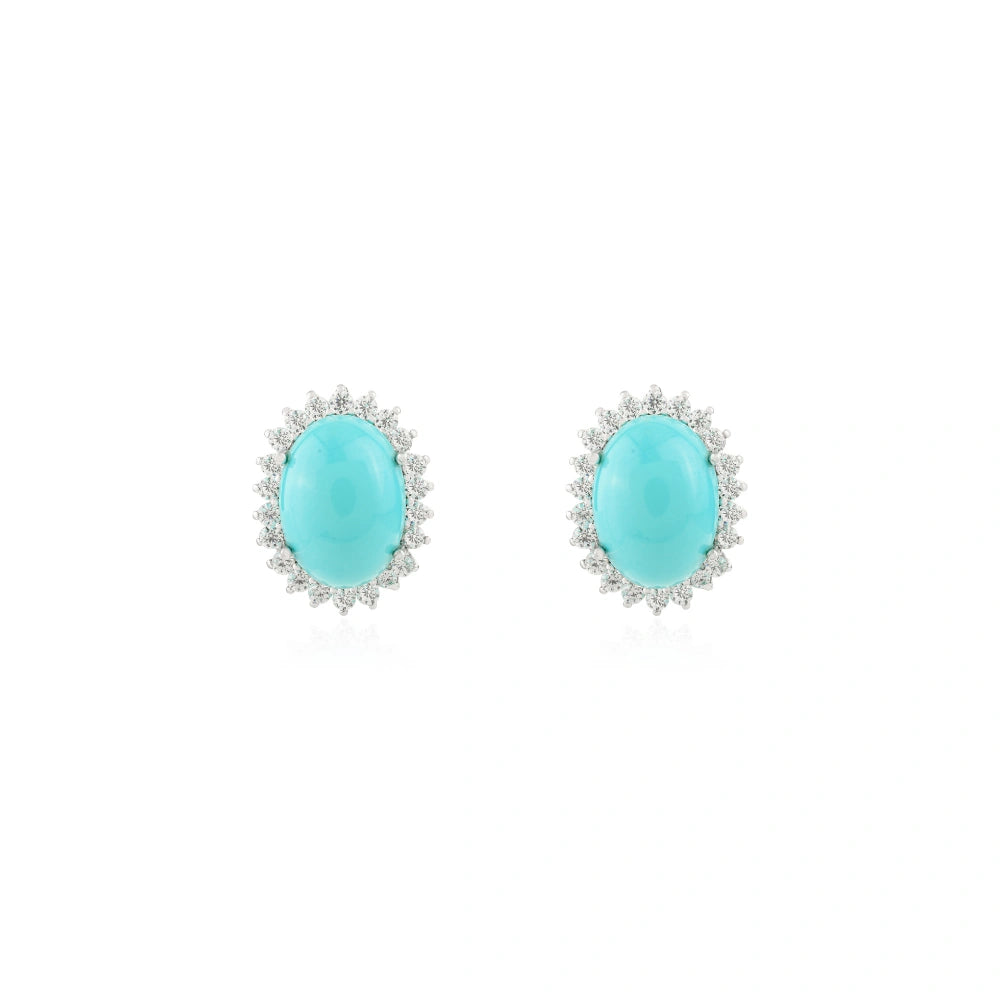 Exporter Natural Turquoise & American Diamond Halo Earrings Solid 925 Silver Unique Design