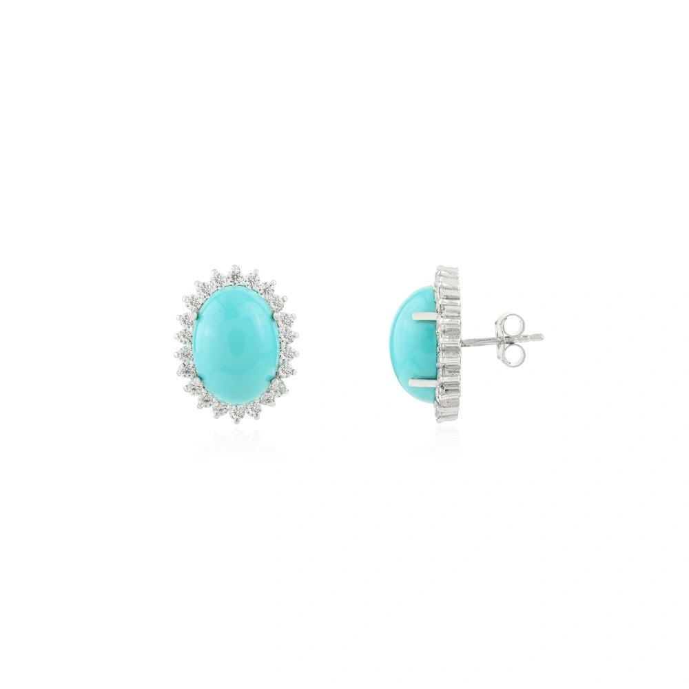 Exporter Natural Turquoise & American Diamond Halo Earrings Solid 925 Silver Unique Design