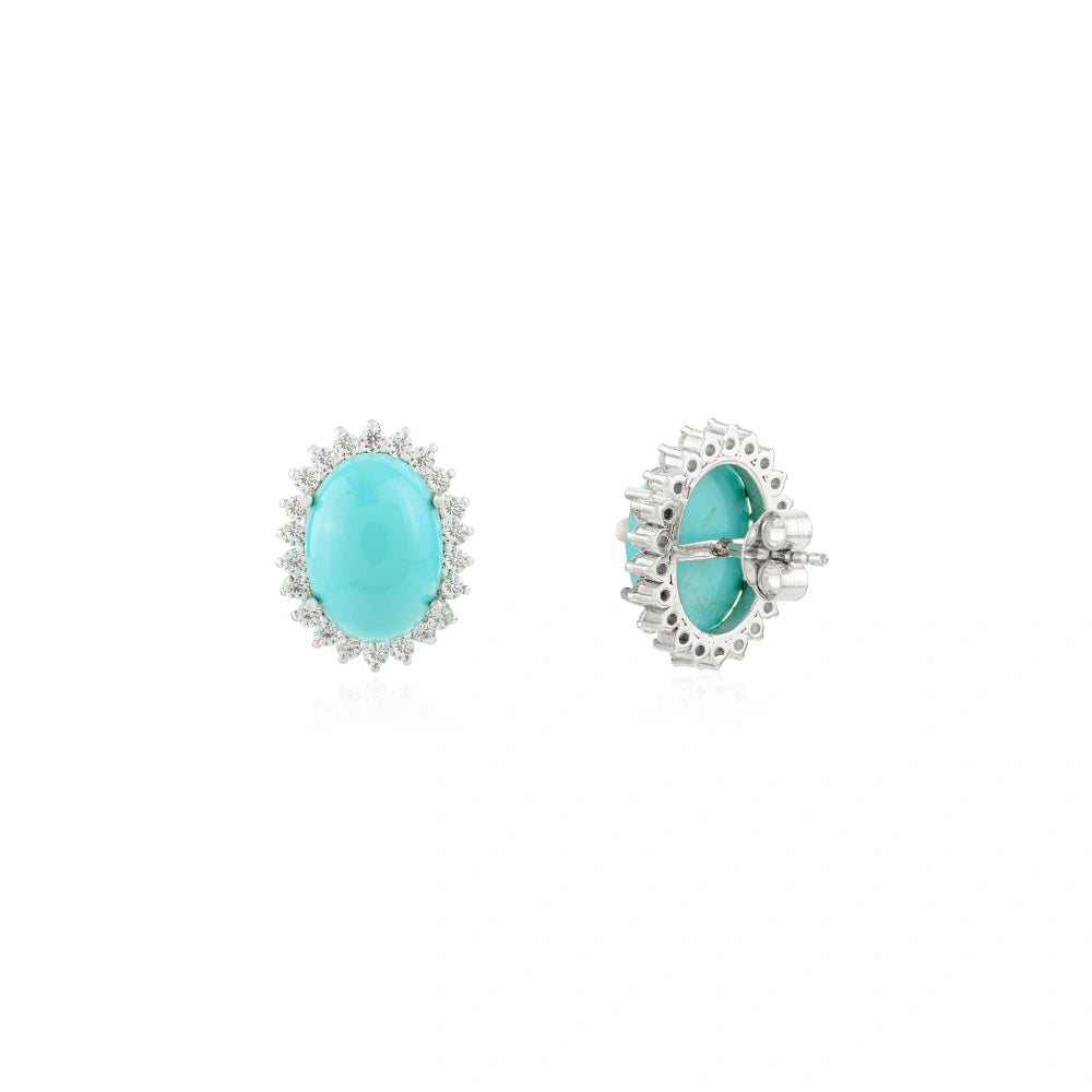Exporter Natural Turquoise & American Diamond Halo Earrings Solid 925 Silver Unique Design