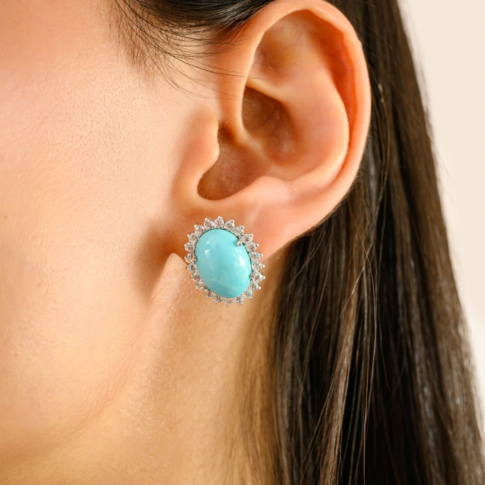 Exporter Natural Turquoise & American Diamond Halo Earrings Solid 925 Silver Unique Design