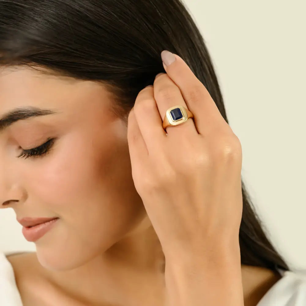 Wholesale Bulk 14K Yellow Gold Jewelry Blue Sapphire Statement Signet Ring Unisex