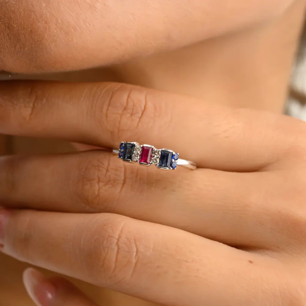 Birthstone Jewelry Natural Ruby, Sapphire & Diamond 14K Solid White Gold Ring