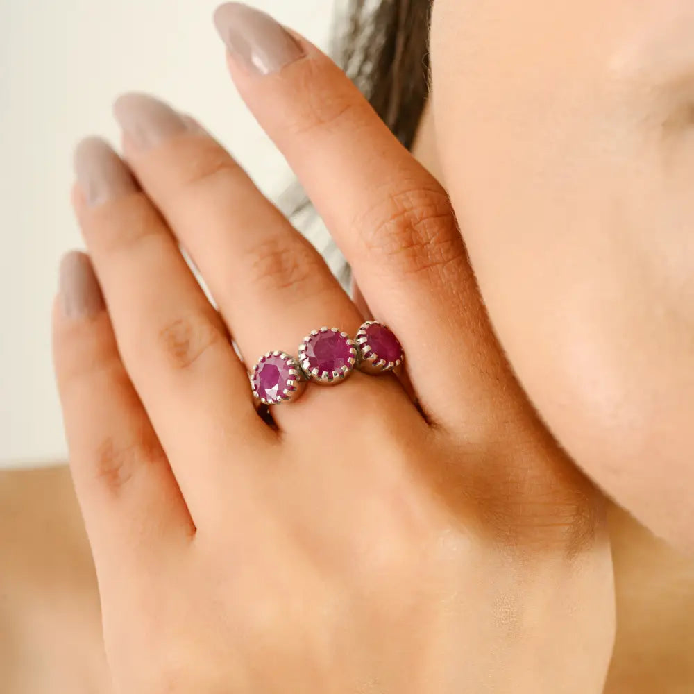 Precious Gemstone Round Cut Ruby Three Stone Ring Fine Pure K14 Gold Gift For Women Jewelry