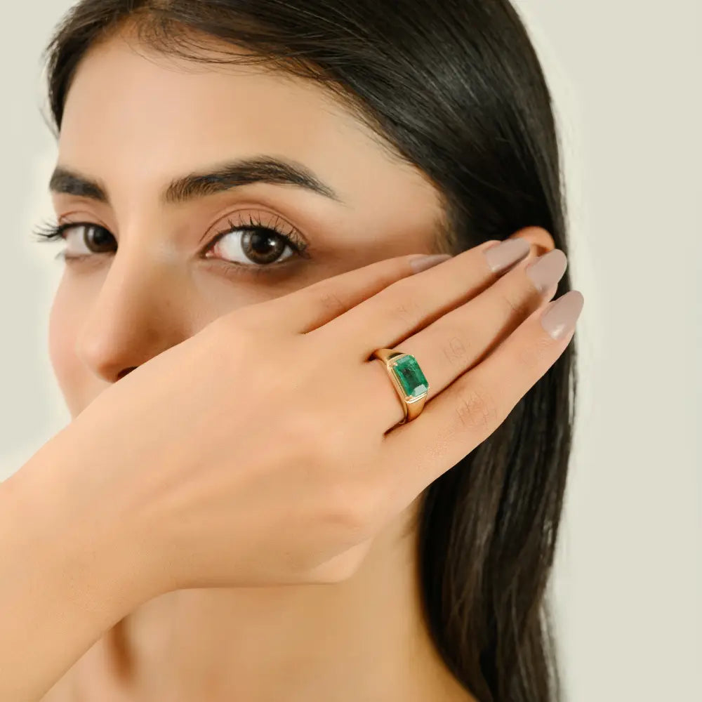 Prong Set Emerald Signet East West Ring Statement Unisex Jewelry 14K Solid Yellow Gold