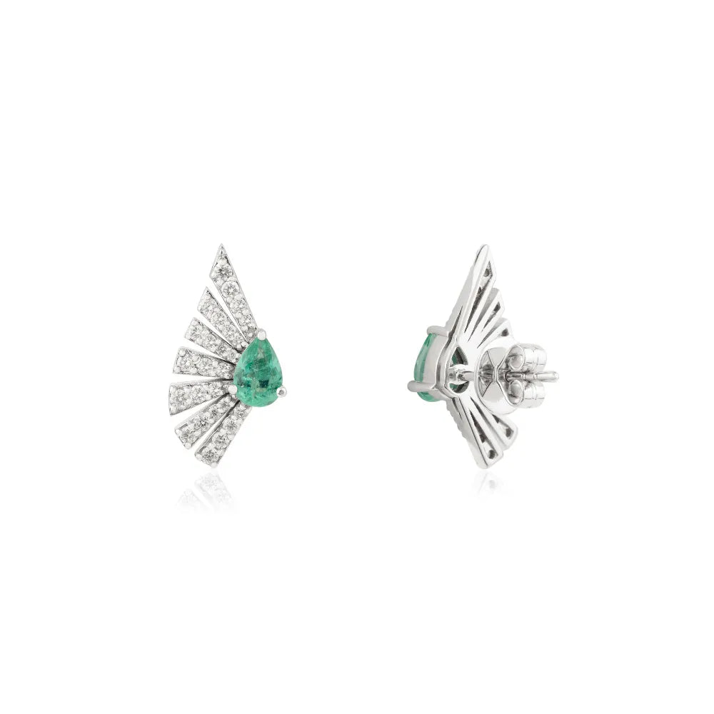 Unique Design Emerald & Diamond 14K White Gold Gemstone Fan Earrings For Women