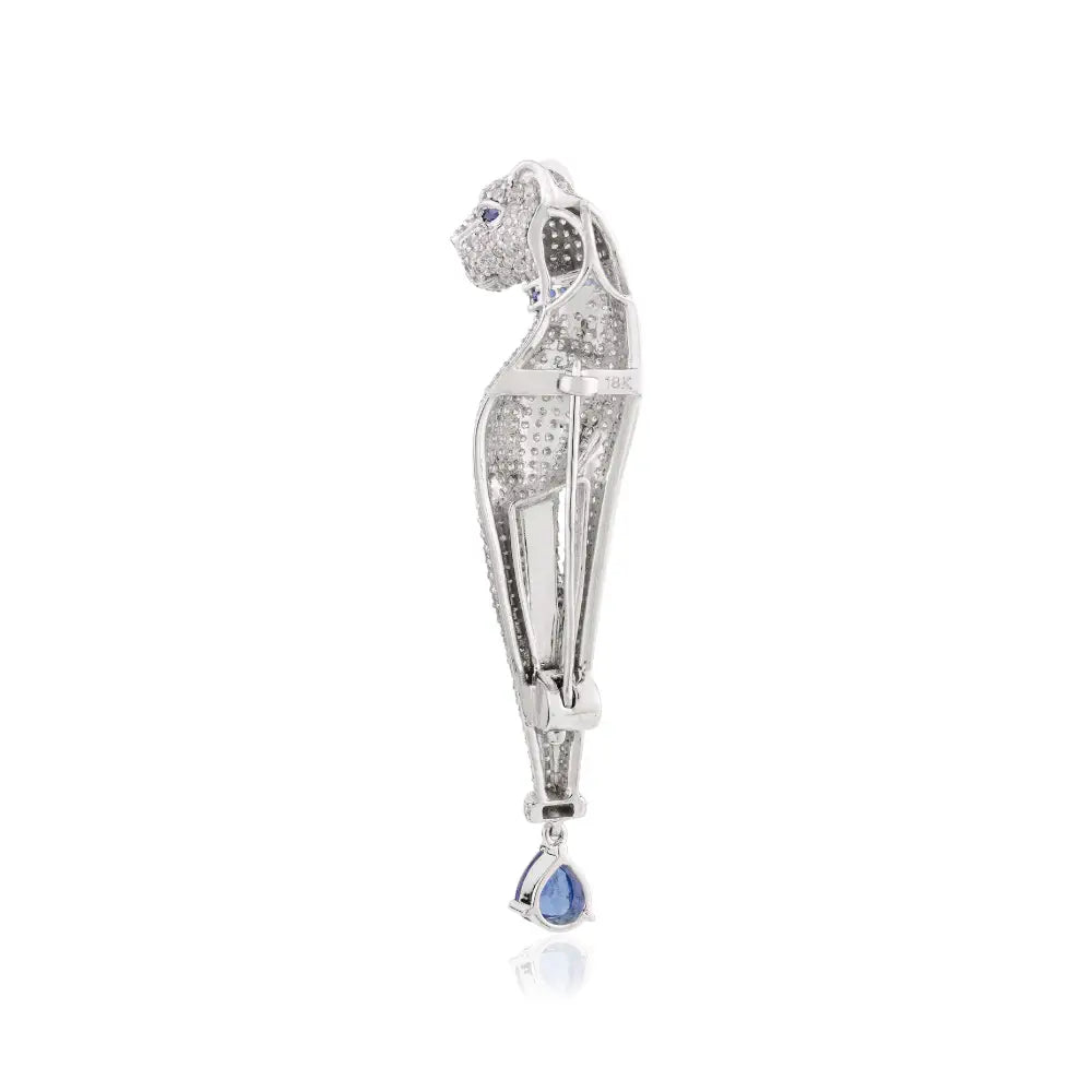 18K White Gold Natural Blue Sapphire & Diamond Panther Shape Pendant Brooch Animal Jewelry