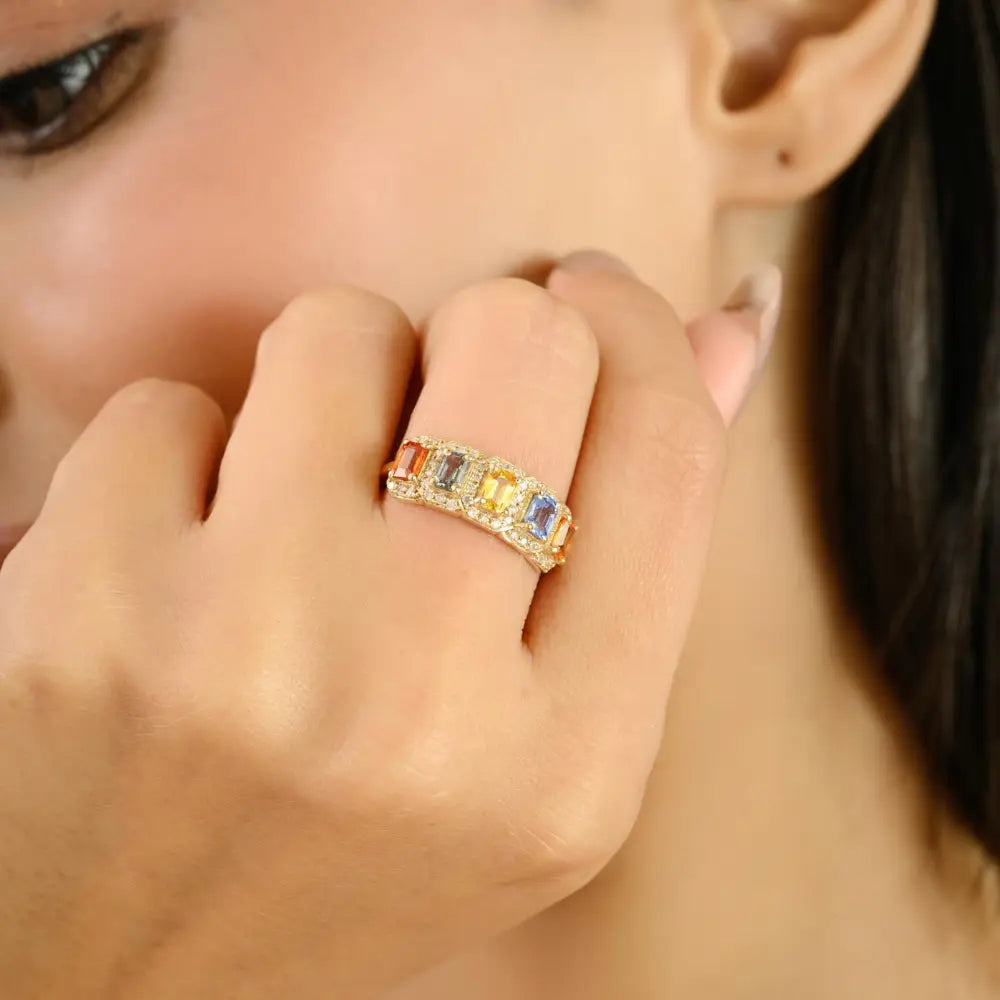 14K Yellow Gold Colorful Multi Sapphire & Diamond Half Eternity Band Ring Women's Jewelry