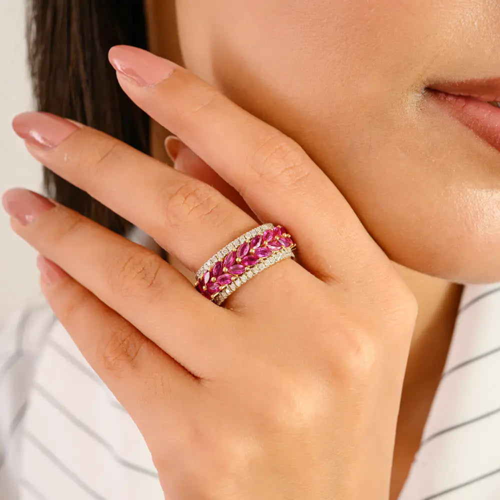 100% Authentic Ruby & Diamond Real 14K Yellow Gold Wedding Band Ring Women Jewelry