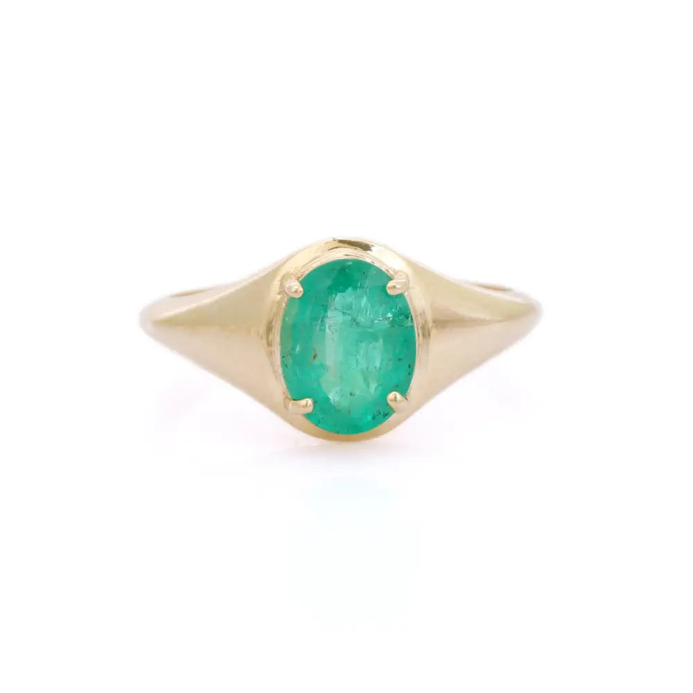 Oval Cut Emerald Prong Setting 14K Yellow Gold Chunky Signet Ring Trending Jewelry Supplier