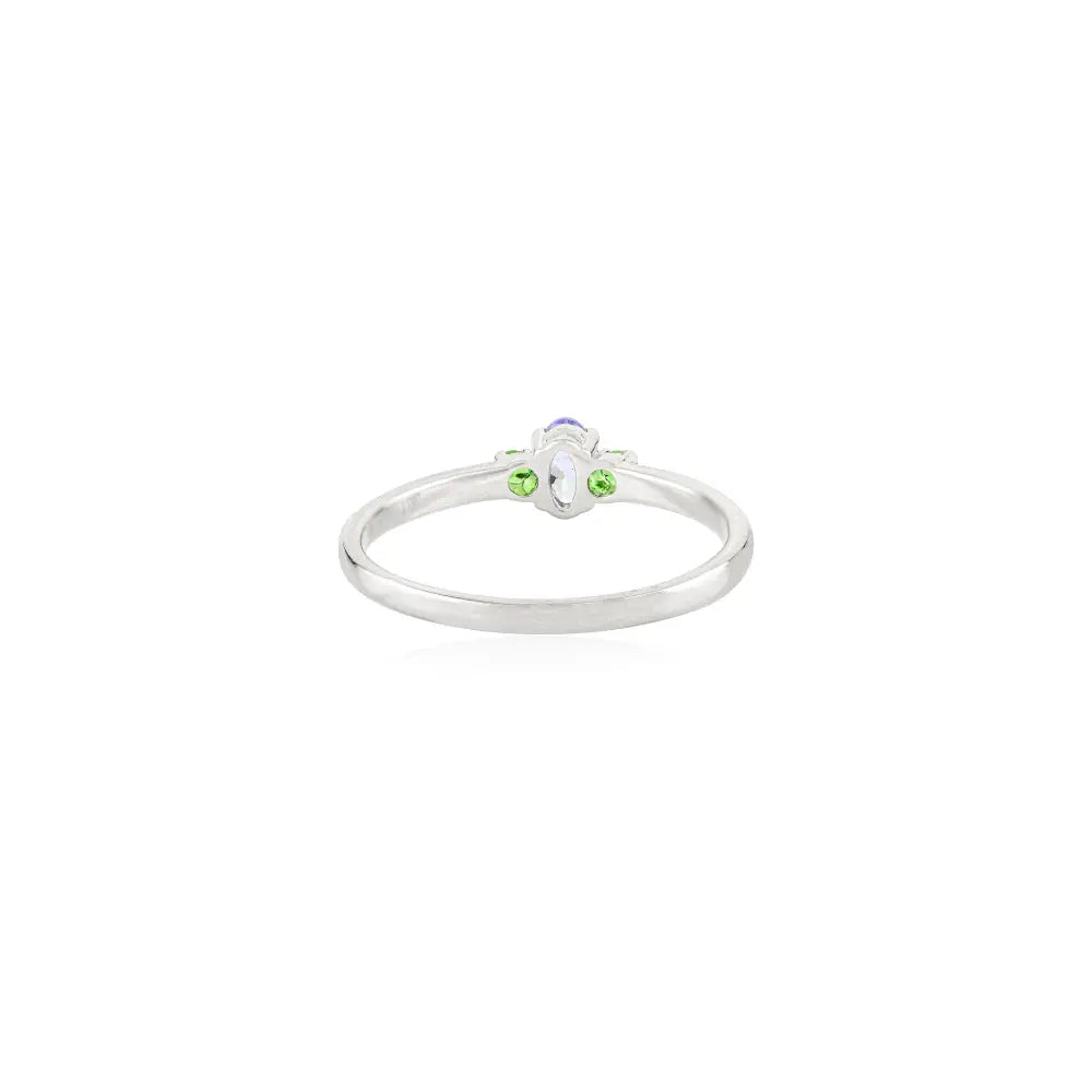Dainty Minimalist Tanzanite & Tsavorite Three Stone Ring Solid K14 White Gold Everyday Jewelry