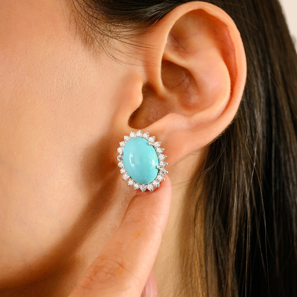Exporter Natural Turquoise & American Diamond Halo Earrings Solid 925 Silver Unique Design