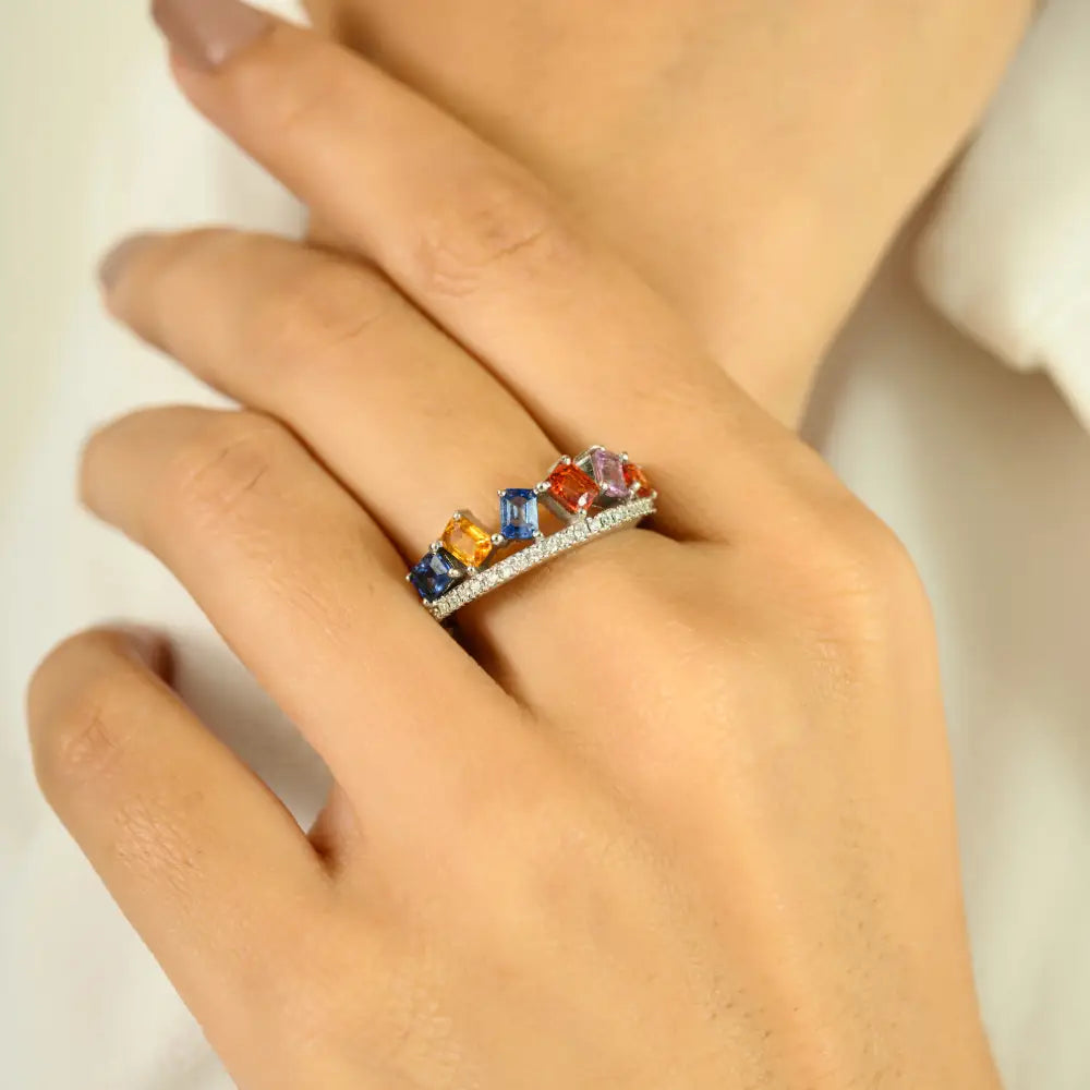 Square Shape Multi Sapphire & Round Cut Diamond Crown Ring Real White Gold 14K Jewelry
