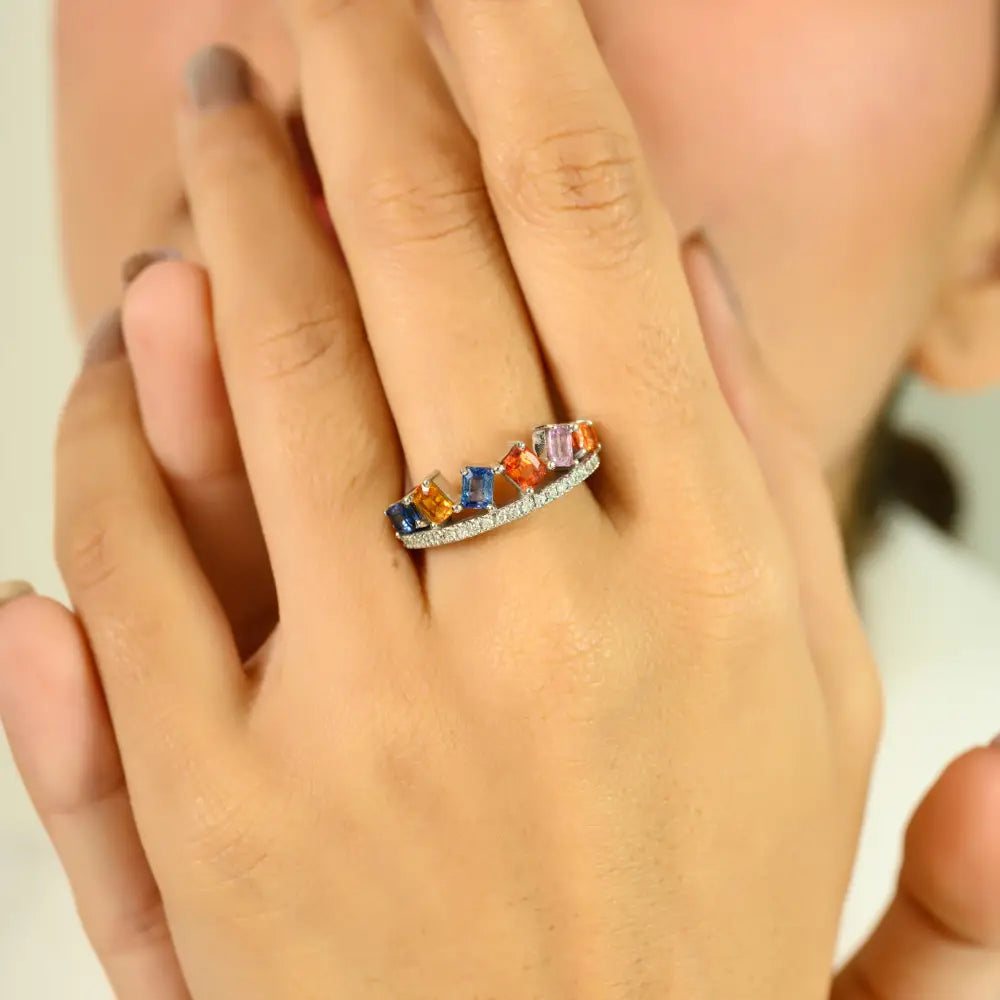 Square Shape Multi Sapphire & Round Cut Diamond Crown Ring Real White Gold 14K Jewelry
