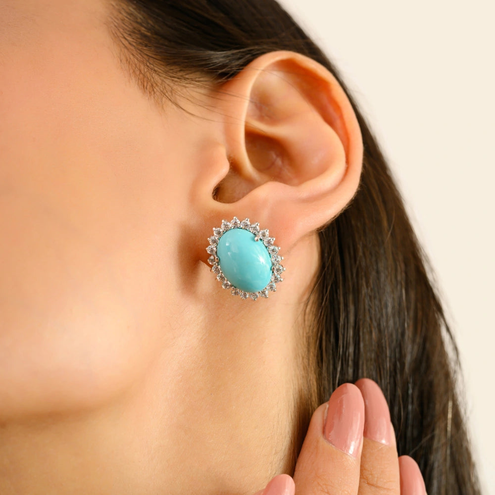 Exporter Natural Turquoise & American Diamond Halo Earrings Solid 925 Silver Unique Design
