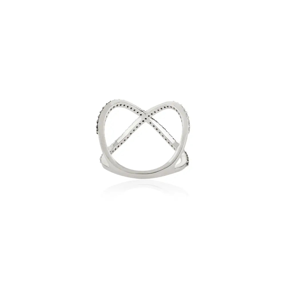 Round Cut Black & White Natural Diamond Criss Cross Ring Pure 18K White Gold Fine Jewelry