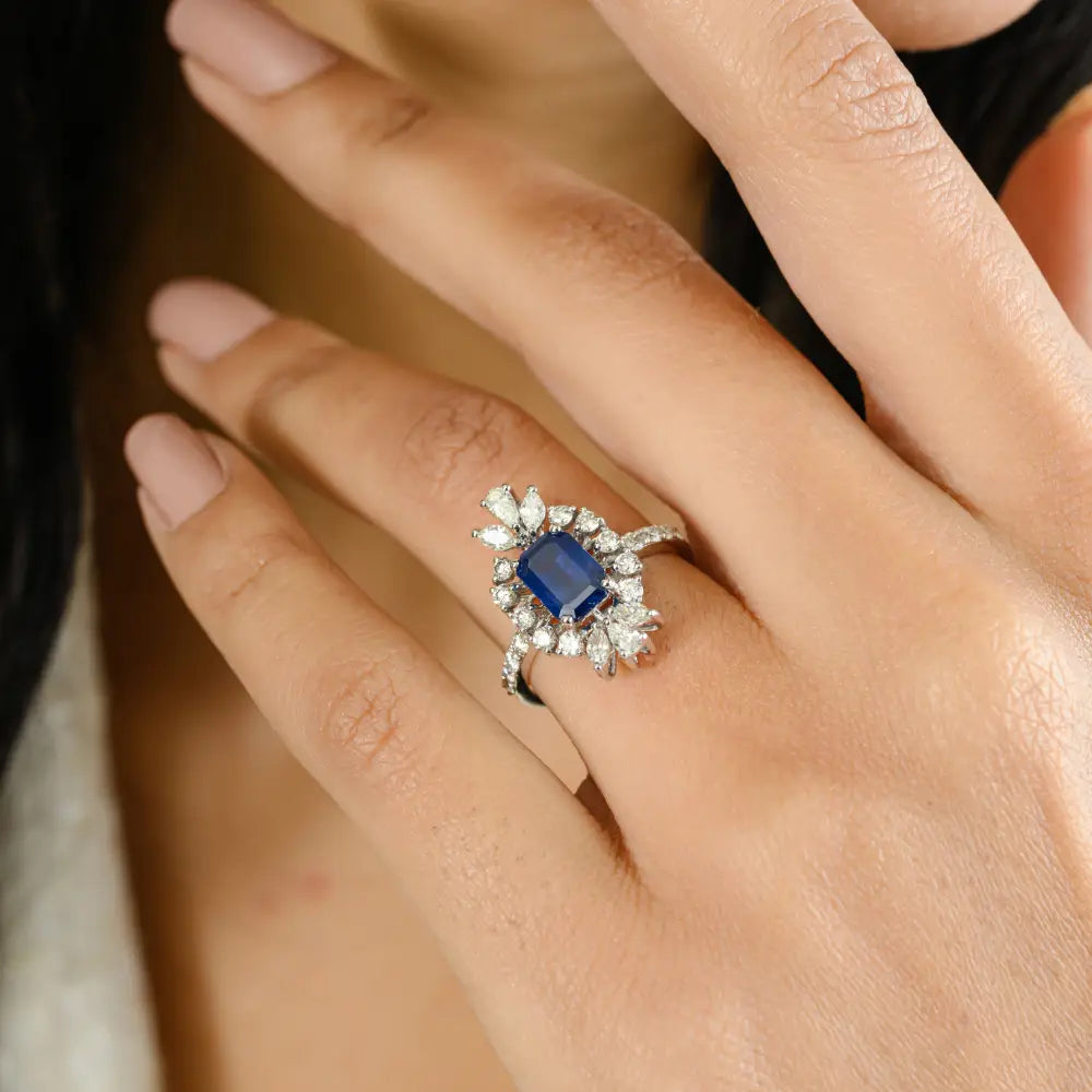 Art Deco New Stylish Fine Blue Sapphire & Diamond Unique Ring Party Wear Jewelry