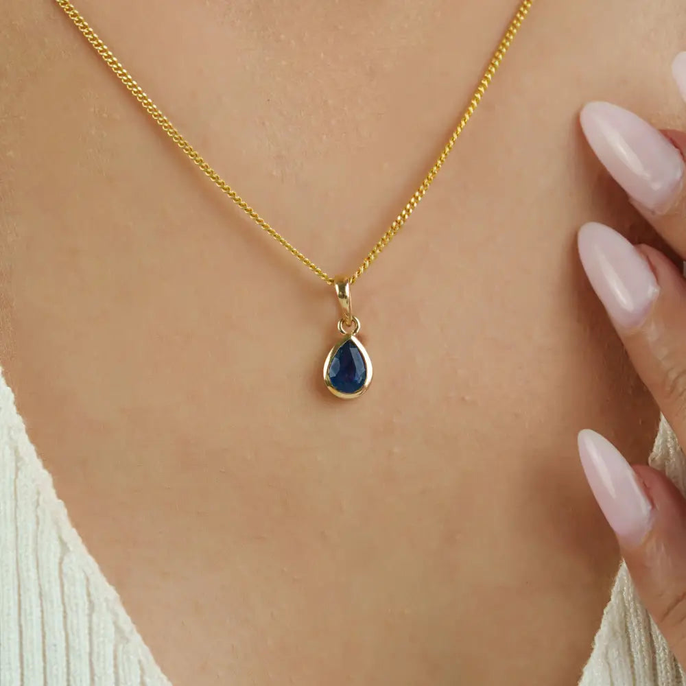 14K Yellow Gold Bezel Set Blue Sapphire Teardrop Shape Minimal Pendant Everyday Wear