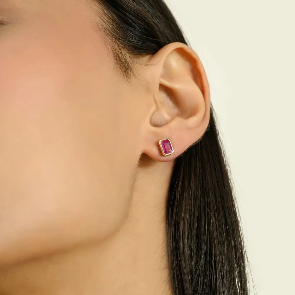 100% Genuine Ruby July Birthstone Bezel Set Solitaire Stud Earrings Gift For Women 14K Gold