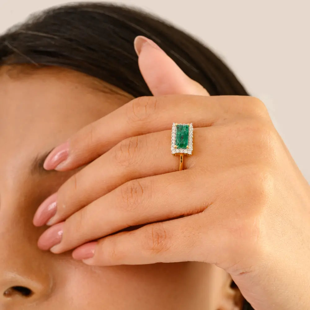 Horizontal Emerald & Diamond Halo Engagement Ring Solid K14 Yellow Gold Women Jewelry