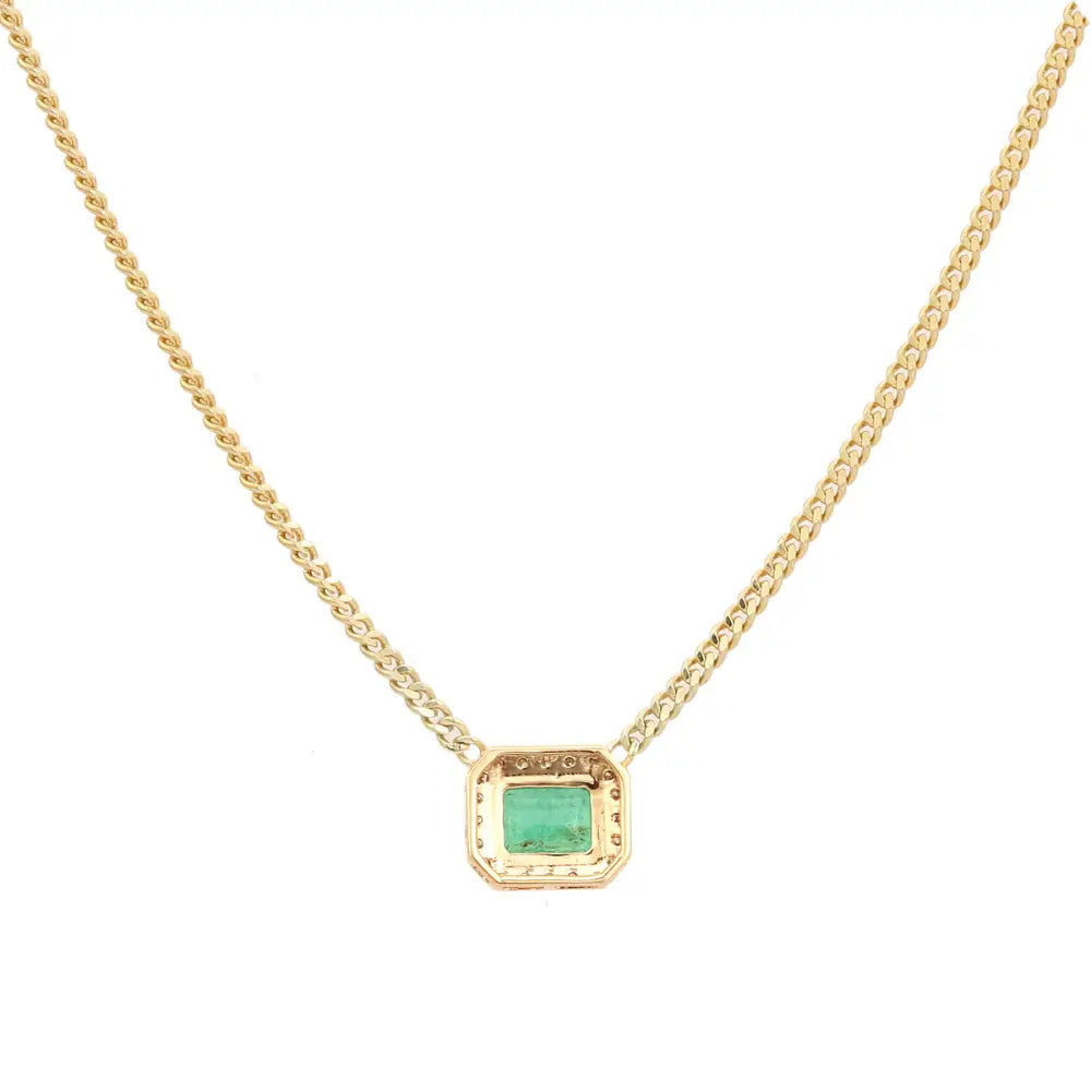 Emerald & Diamond Cuban Chain Single Stone Halo Pendant Necklace 14K Gold Stack Jewelry