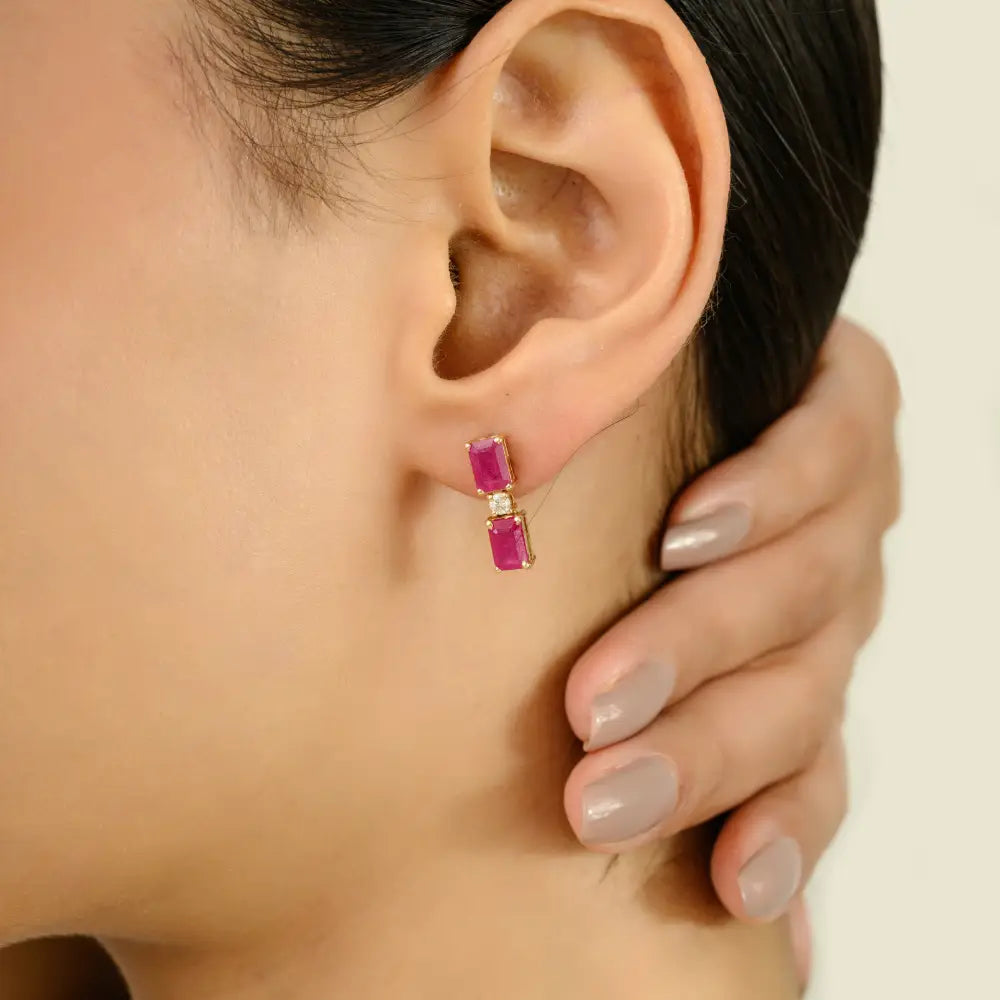 Trending Small Ruby & Diamond Drop Earrings For Women Everyday Jewelry 14K Solid Gold