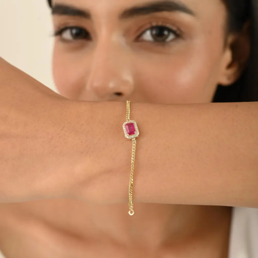 Octagon Cut Ruby & Diamond Curb Link Chain Halo Bracelet 14K Solid Yellow Gold Jewelry