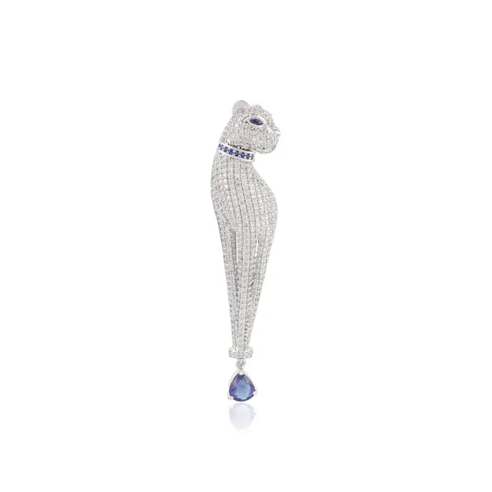 18K White Gold Natural Blue Sapphire & Diamond Panther Shape Pendant Brooch Animal Jewelry