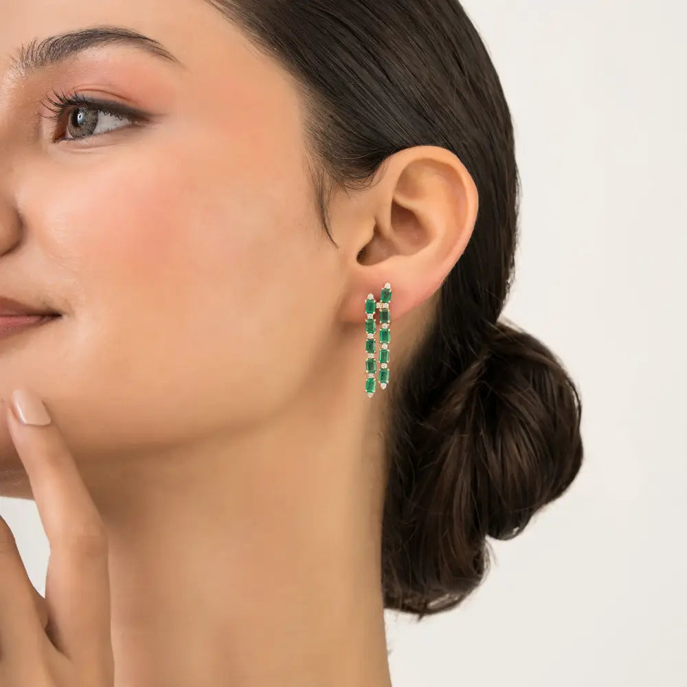 K14 Yellow Gold Fine Emerald & Diamond Two Line Dangle Earrings For Women Wedding Jewelry