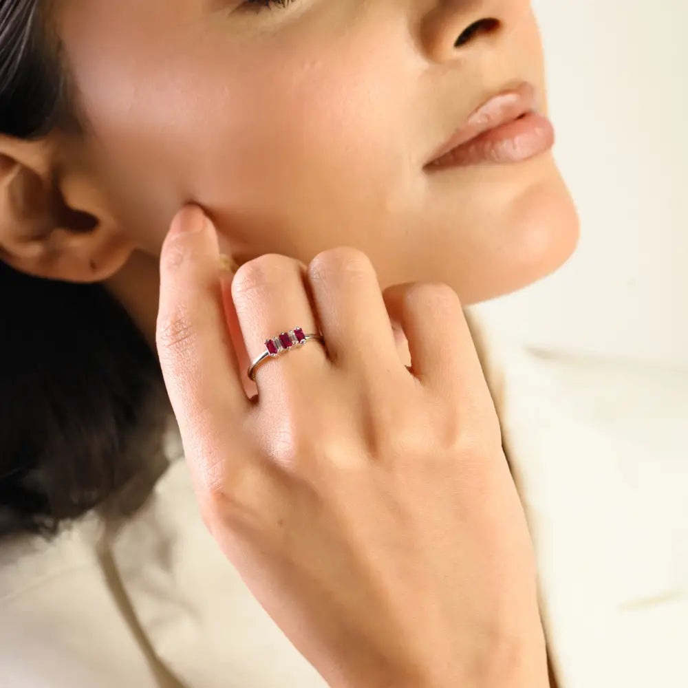 Minimalist Ruby & Diamond Three Stone Ring For Women 14K Pure White Gold Custom Jewelry