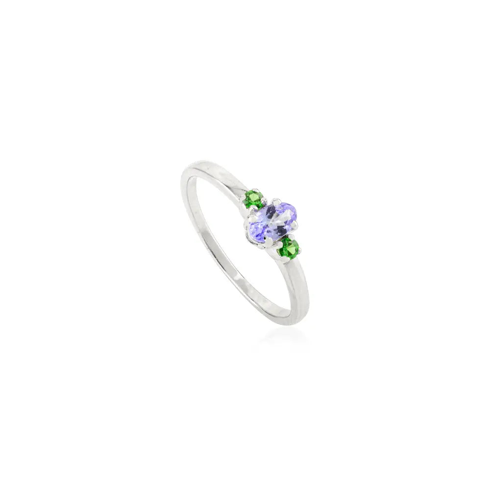 Dainty Minimalist Tanzanite & Tsavorite Three Stone Ring Solid K14 White Gold Everyday Jewelry