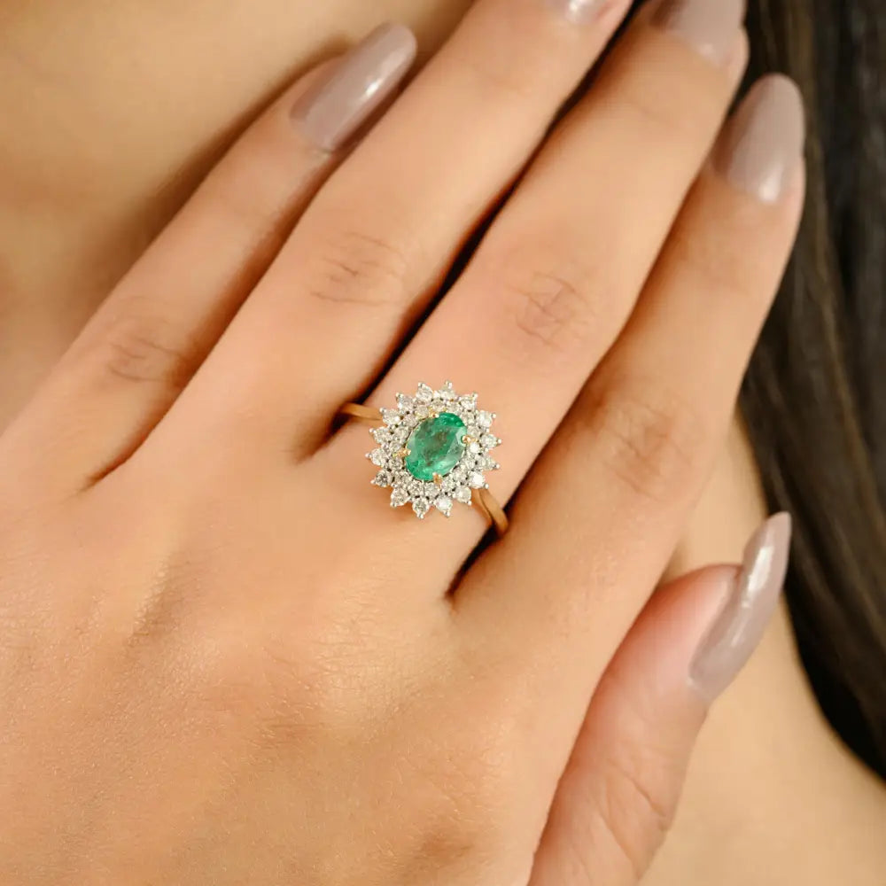 Best Selling Emerald & Diamond Double Cluster Ring Real 18K Yellow Gold Engagement Jewelry