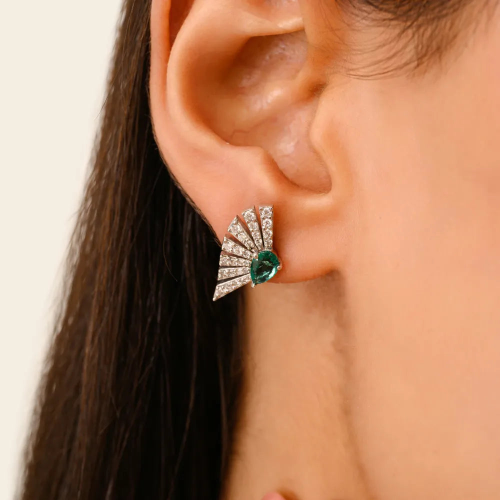Unique Design Emerald & Diamond 14K White Gold Gemstone Fan Earrings For Women