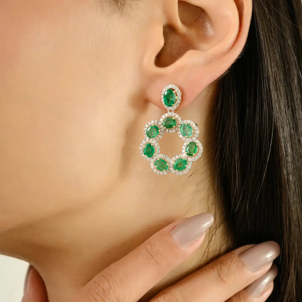 Floral Inspired Zambian Emerald & Diamond Statement Drop Earrings 18K Yellow Gold Fine Jewelry