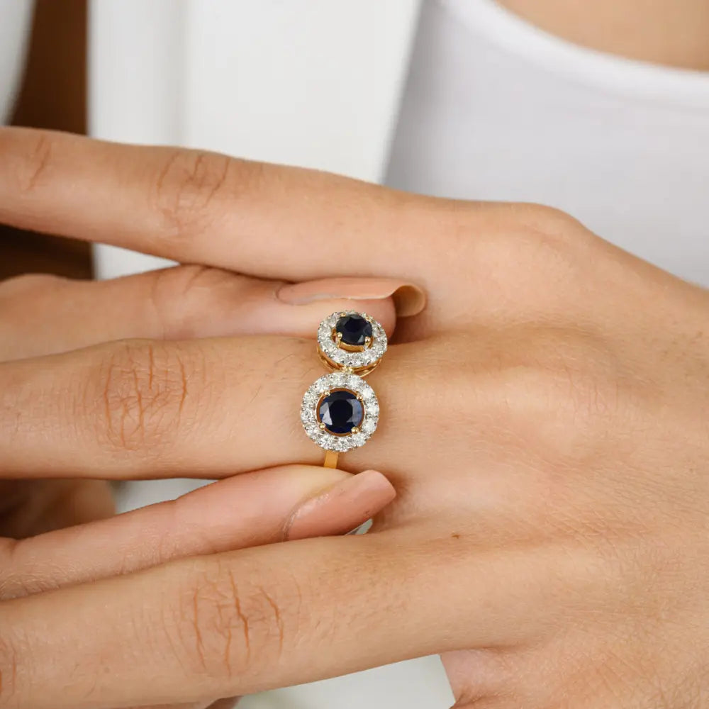 Natural Round Shape Blue Sapphire & Diamond 18K Yellow Gold Two Stone Ring