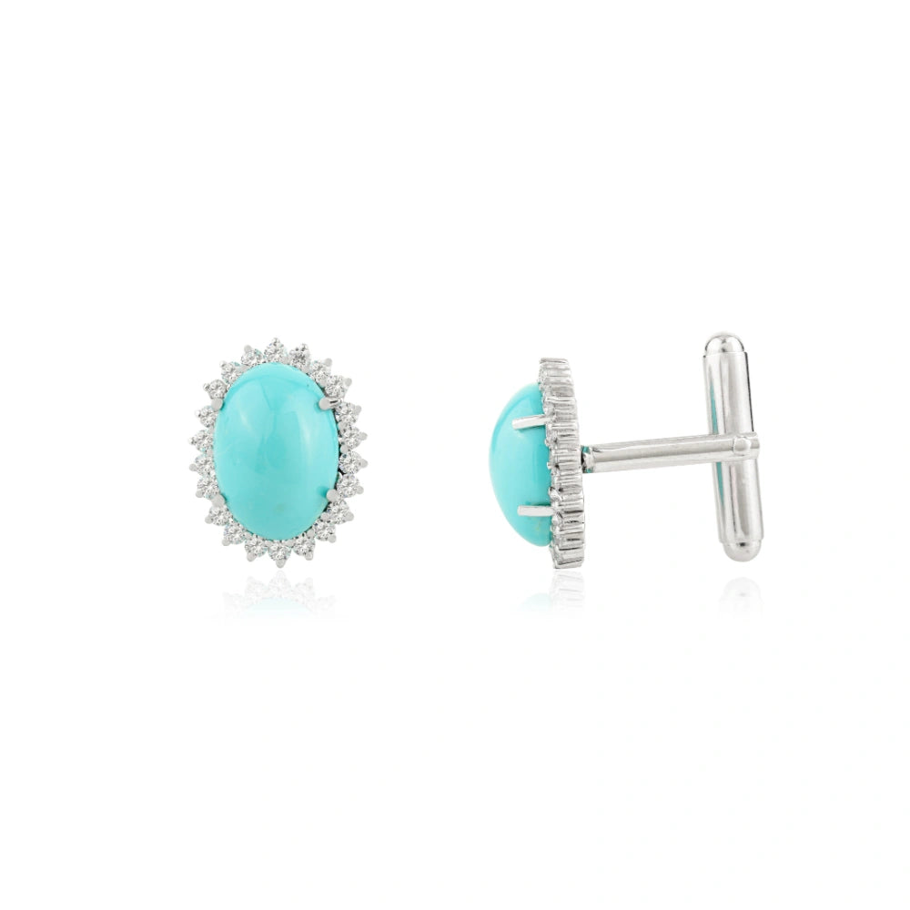 100% Natural Turquoise & American Diamond Cufflinks Pure 925 Sterling Silver Jewelry December Birthstone