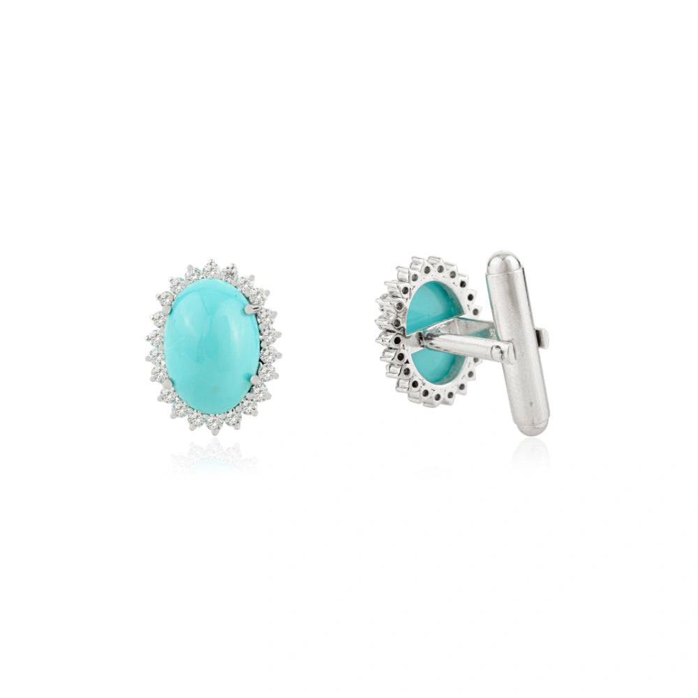 100% Natural Turquoise & American Diamond Cufflinks Pure 925 Sterling Silver Jewelry December Birthstone