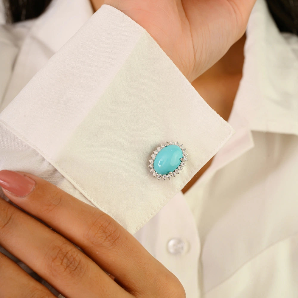 100% Natural Turquoise & American Diamond Cufflinks Pure 925 Sterling Silver Jewelry December Birthstone
