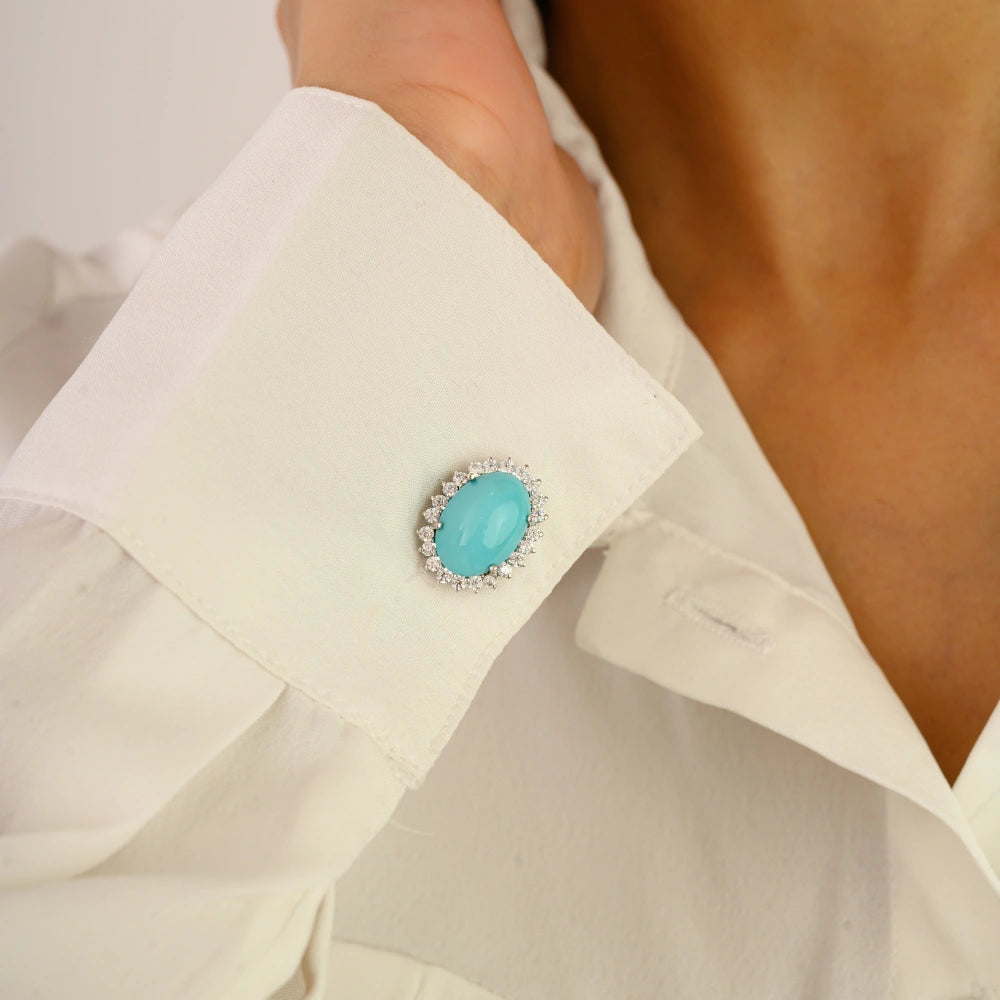 100% Natural Turquoise & American Diamond Cufflinks Pure 925 Sterling Silver Jewelry December Birthstone