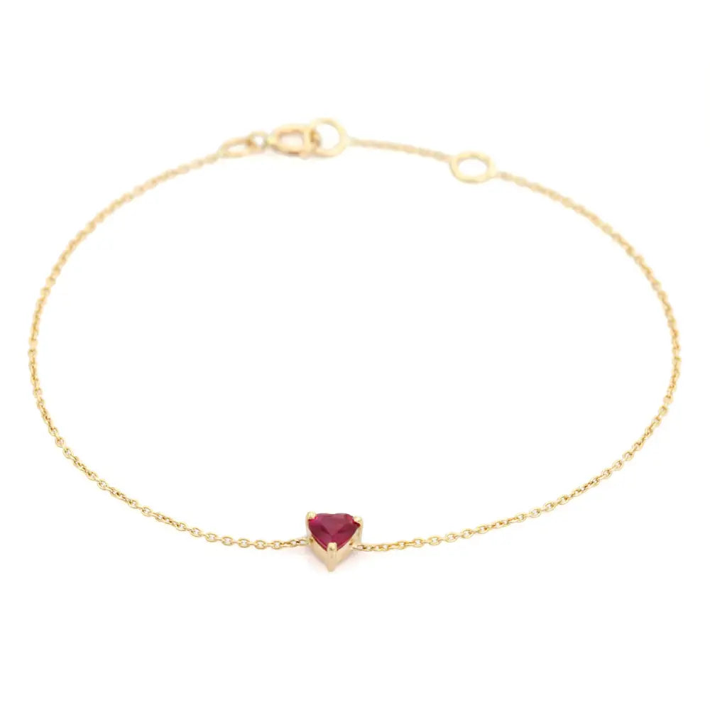 Tiny Heart Shape Ruby Prong Set Single Stone Bracelet 14K Yellow Gold Valentine Gift