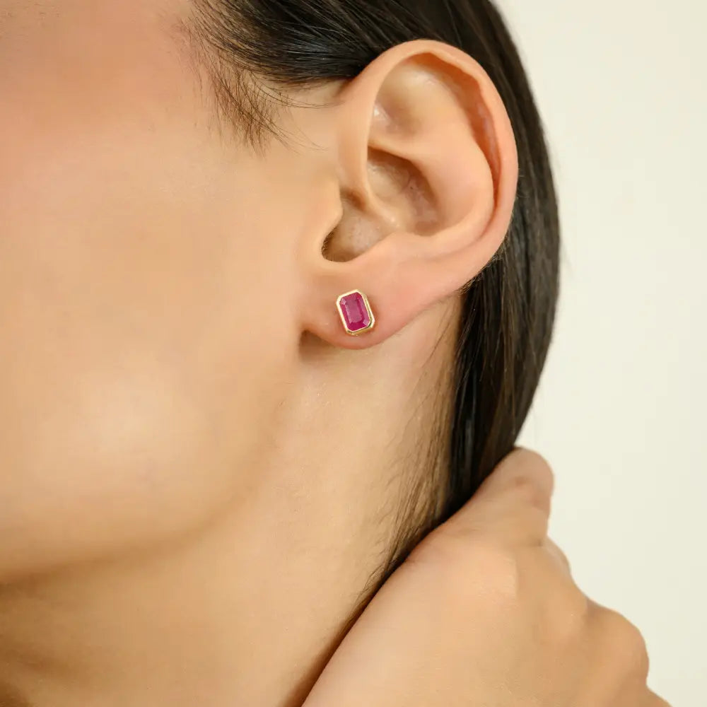 100% Genuine Ruby July Birthstone Bezel Set Solitaire Stud Earrings Gift For Women 14K Gold