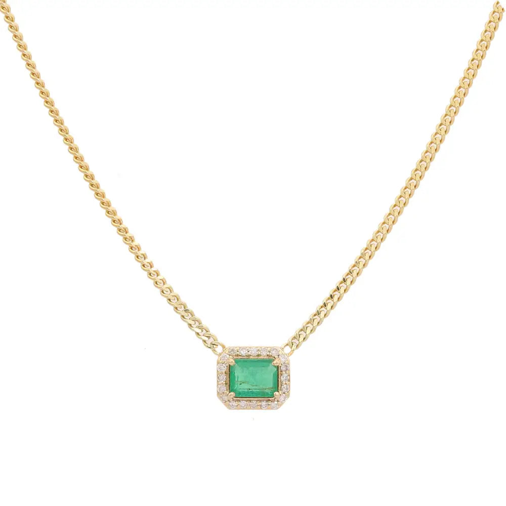 Emerald & Diamond Cuban Chain Single Stone Halo Pendant Necklace 14K Gold Stack Jewelry