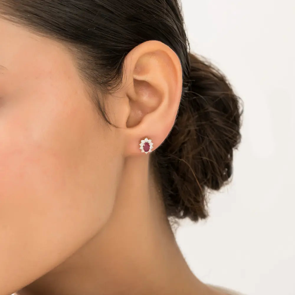 Minimal Real Ruby & Diamond 14K Yellow Gold Cluster Stud Earrings Daily Wear Jewelry