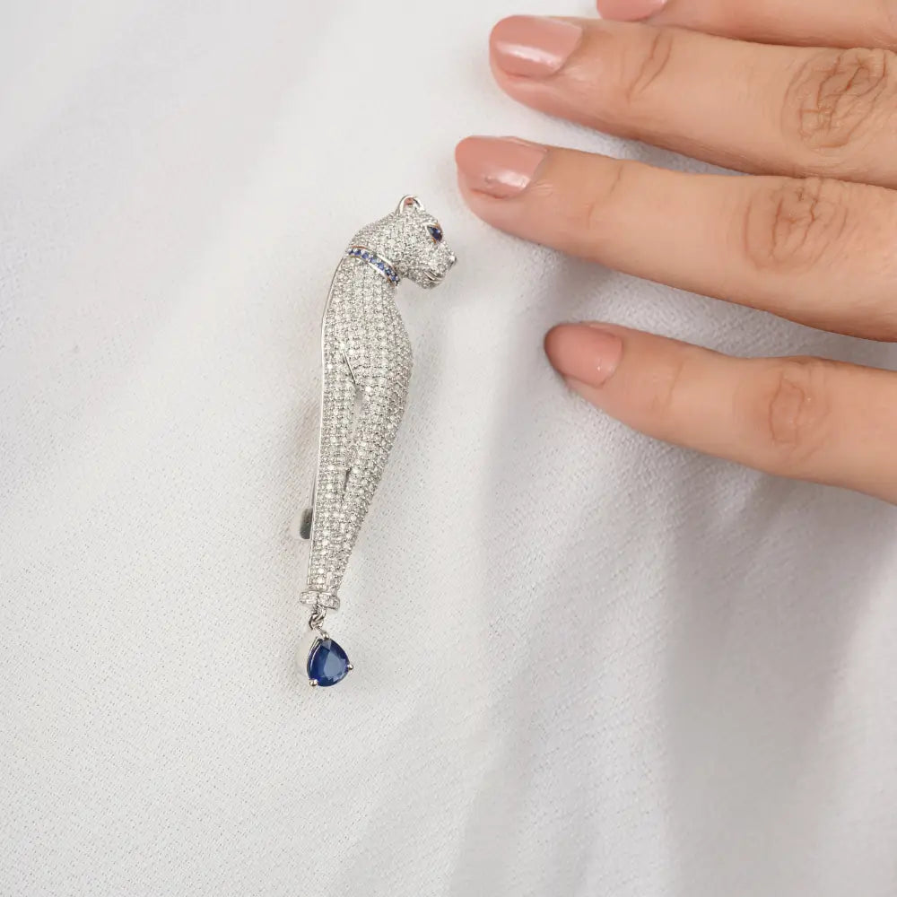 18K White Gold Natural Blue Sapphire & Diamond Panther Shape Pendant Brooch Animal Jewelry