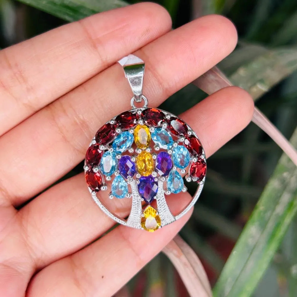925 Sterling Silver Jewelry Handmade Real Multi Gemstone Statement Pendant