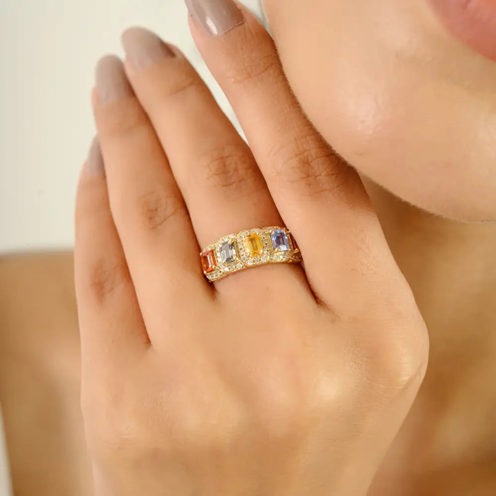 14K Yellow Gold Colorful Multi Sapphire & Diamond Half Eternity Band Ring Women's Jewelry